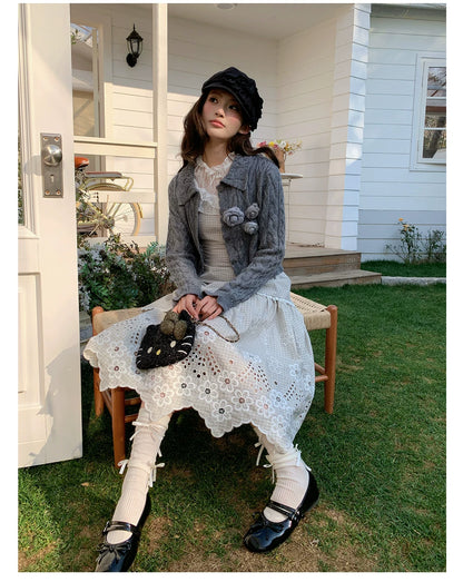 “Tea Garden Reverie” Light Apricot Plaid Embroidered Dress