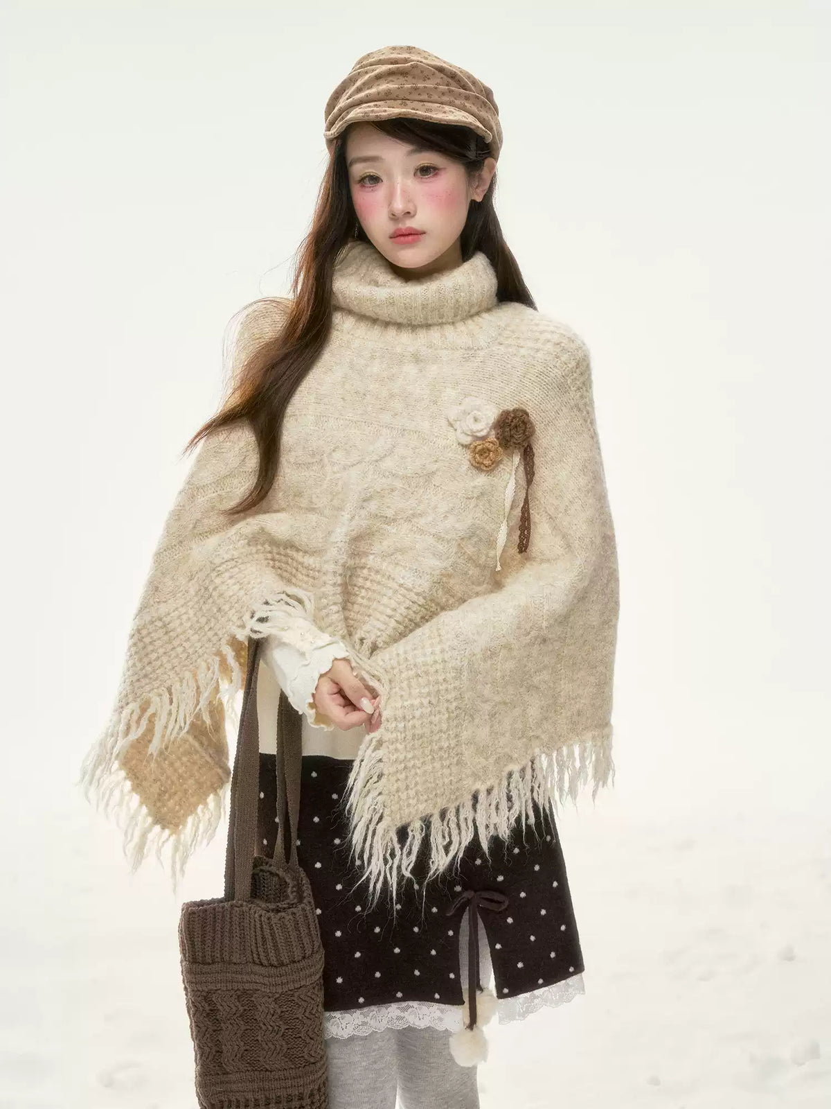 BIBIBENCY - Ivory Knit Cape Shawl with Fringe Trim