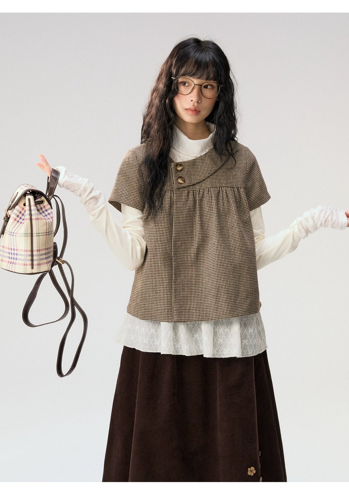 [CAN] “Autumn Plaid Letter” Brown Houndstooth Asymmetric Collar Top