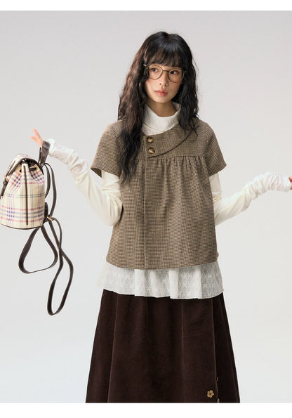 [CAN] “Autumn Plaid Letter” Brown Houndstooth Asymmetric Collar Top