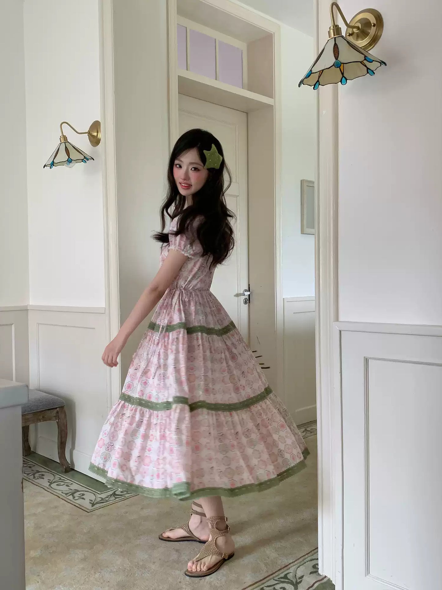 “Wildflower Green Grape” Pink Floral Tiered Dress