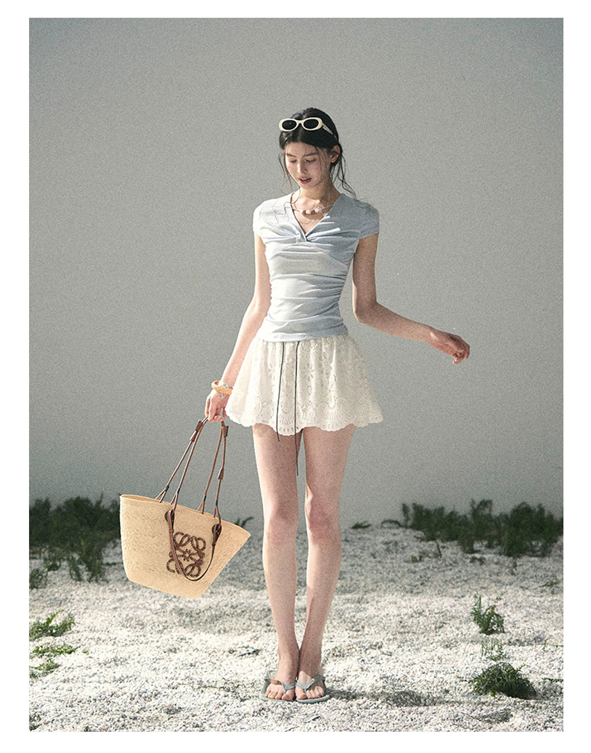 “Sheer Spring Whisper” Moonlight Blue Twist V-Neck Top