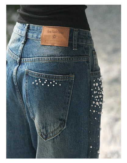 “Blue Shimmer Notes” Deep Indigo Embellished Wide-Leg Jeans