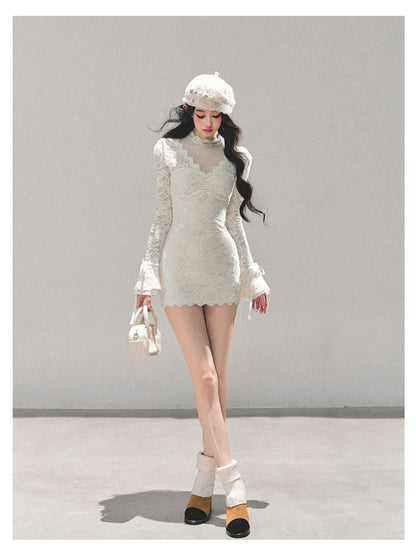 少也眼 “The Moment of the Full Moon" French Lace Winter Dress - White 845613