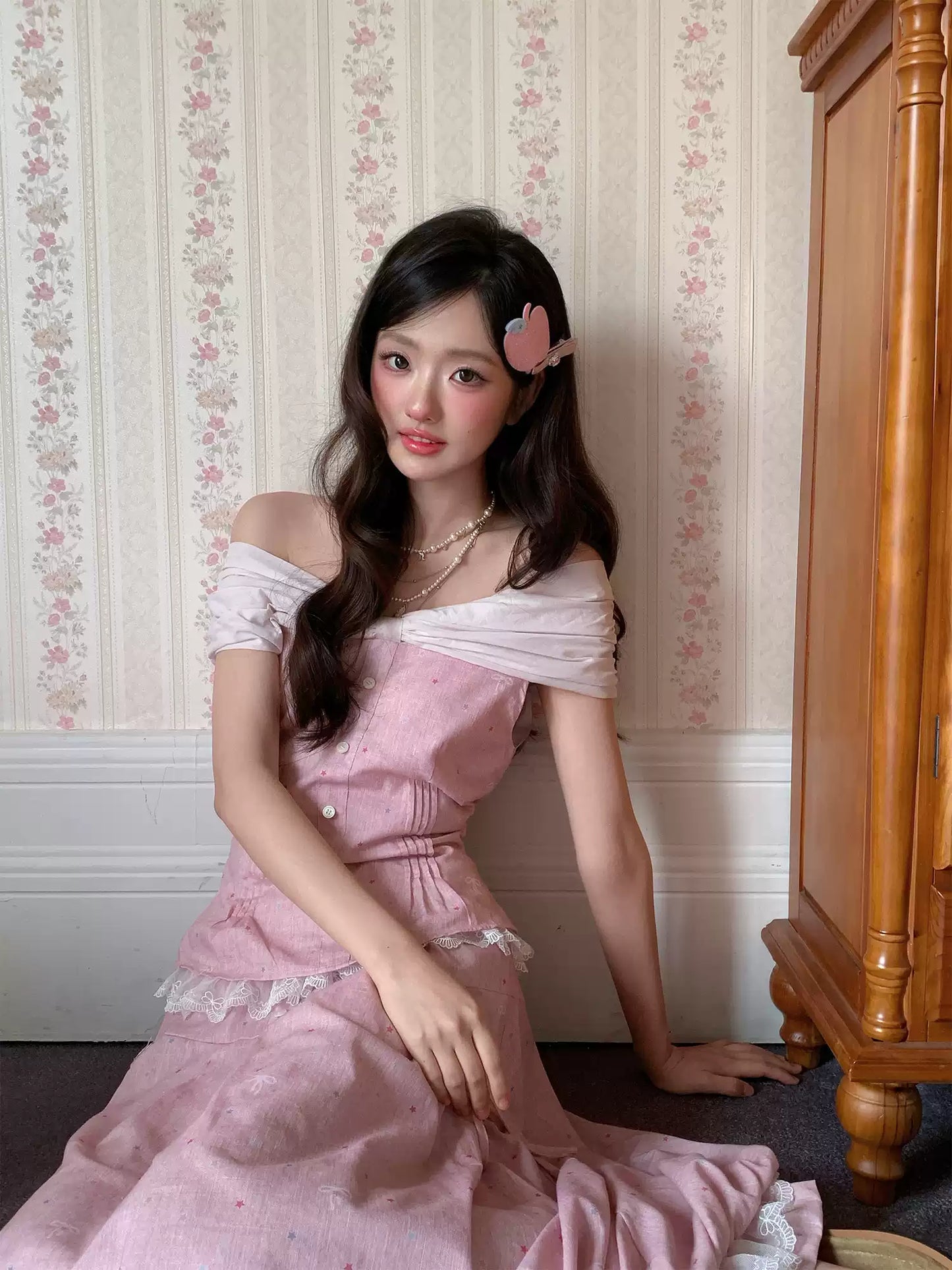 “Peach Mist Starlit Meadow” Pink Off-Shoulder Skirt Set