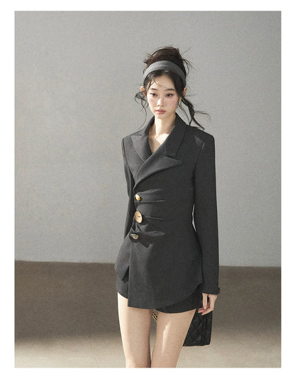 AOMALM - Deep Slate Gray Tailored Blazer & Shorts Set
