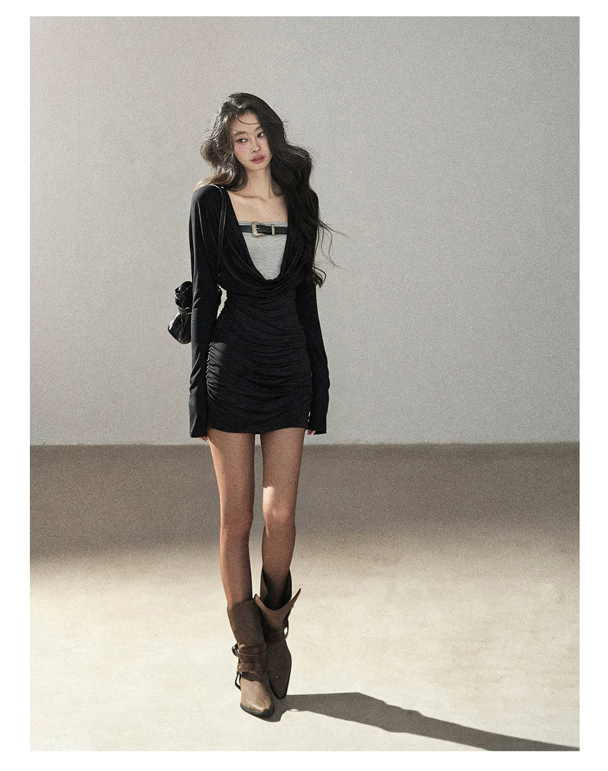 AOMALM - "Misty Shore" Quiet Black Layered Knit Mini Dress