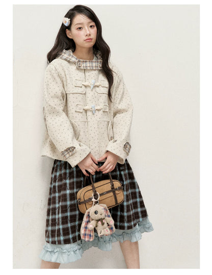 [RF] Floral Heather Beige Apricot Plaid-Trim Hooded Duffle Coat