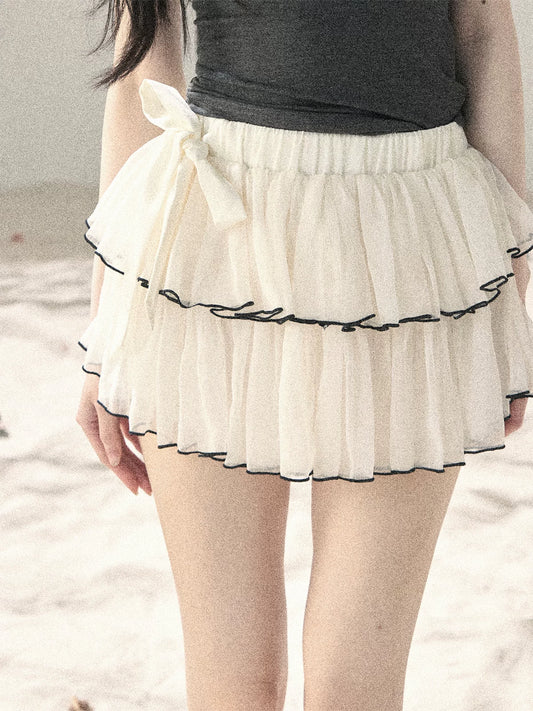 "Flowing Tulle" Cream Apricot Mesh Chiffon Layered Mini Skirt