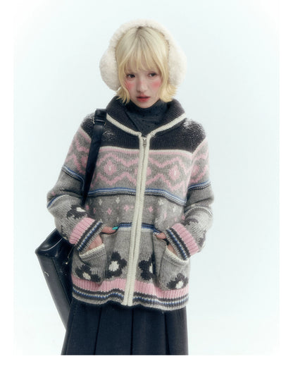 Horridale - Gray Pink Fair Isle Floral Zip-Up Knit Cardigan