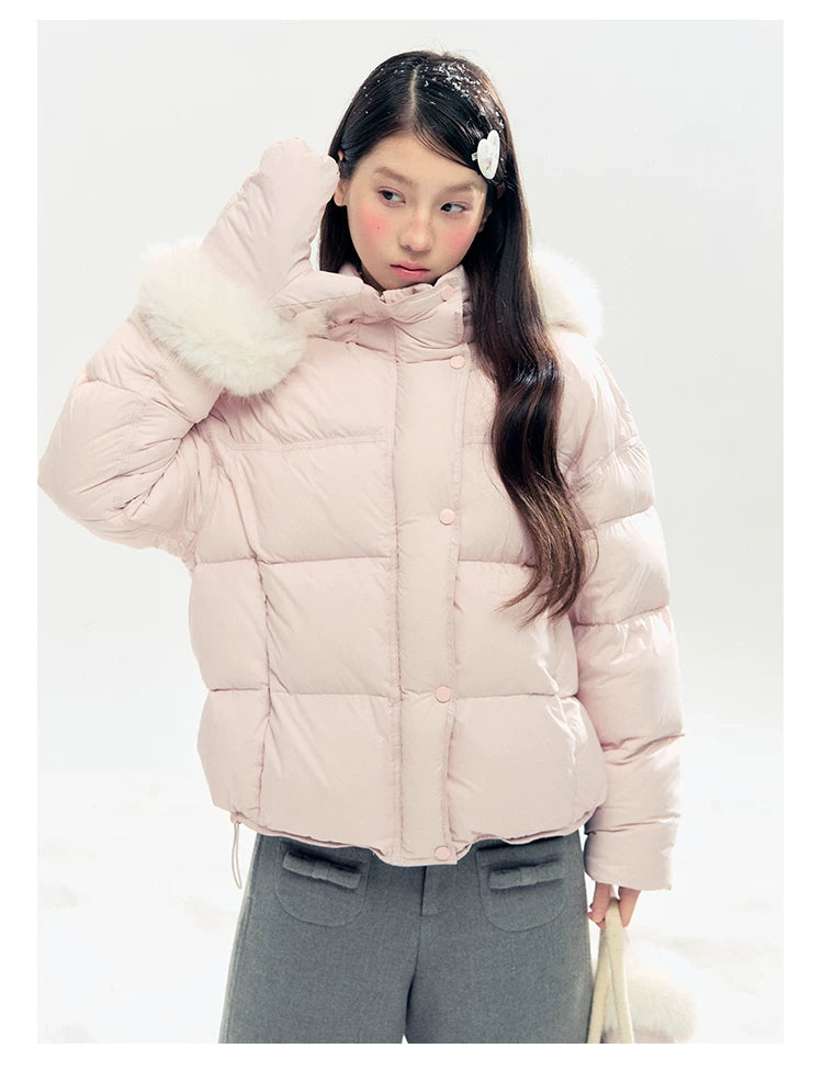 "Snowland Sprite" Peach Blush Lilac Hooded Down Jacket with Detachable Faux Fur Trim & Gloves