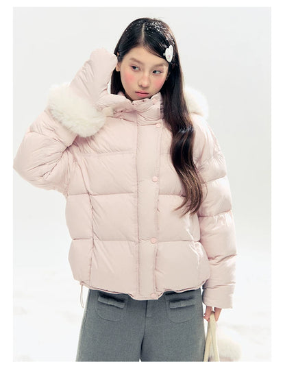 "Snowland Sprite" Peach Blush Lilac Hooded Down Jacket with Detachable Faux Fur Trim & Gloves