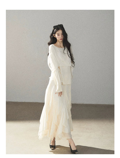 AOMALM - Cloud-Shaped French Lace Ruffle Midi Skirt – Elegant Autumn Maxi