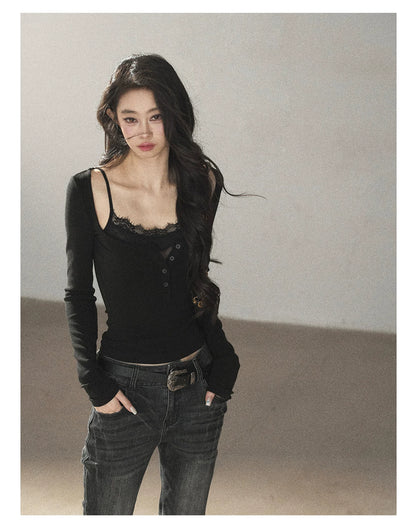 AOMALM - "Dappled Tree Shadows" Serene Black Korean Lace Camisole Long-Sleeve Top Set