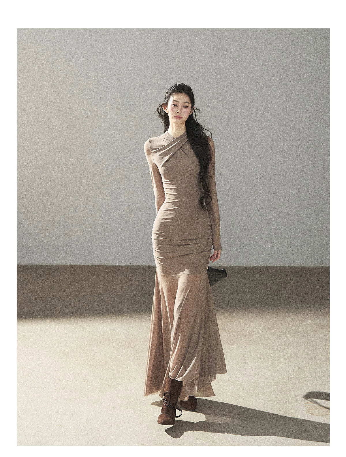AOMALM - Milk Tea Ruched Mesh Mermaid Maxi Dress