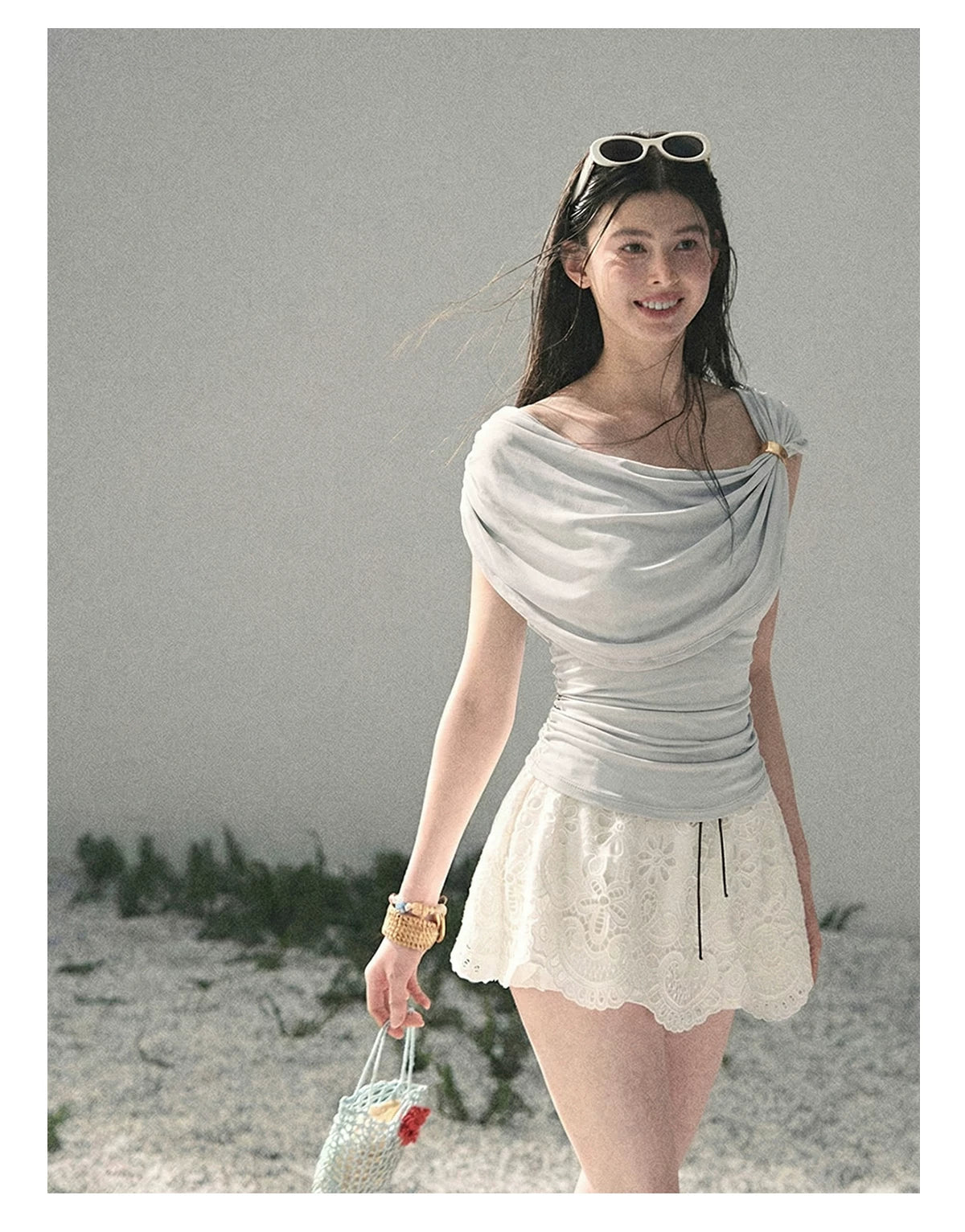 “When the Wind Stole Moonlight” Moonstone Draped Off-Shoulder Top