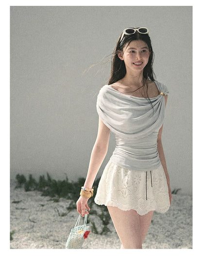 “When the Wind Stole Moonlight” Moonstone Draped Off-Shoulder Top