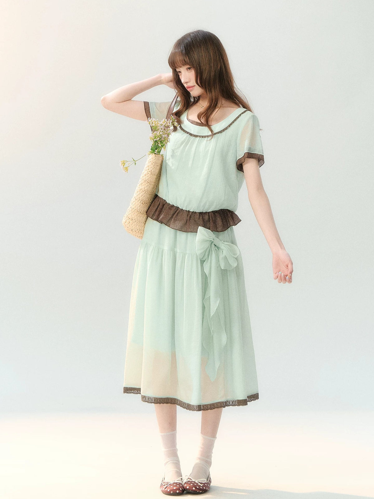[CAN] "Mint Sugar Whimsy" Mint Green Polka Dot Two-Piece Skirt Set