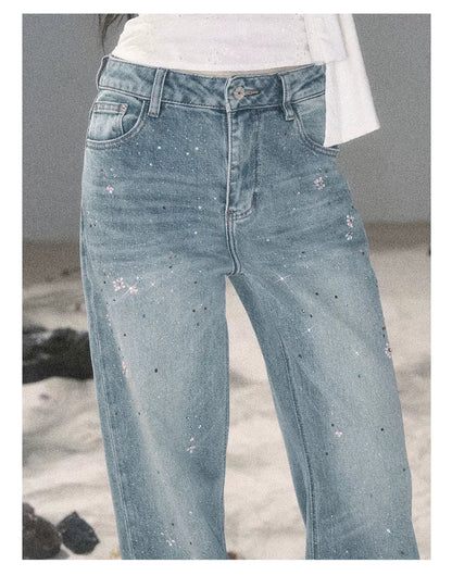 "Starlit River Shimmer" Distant Sky Blue Rhinestone Wide-Leg Jeans 65633