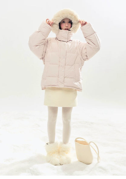 "Blush Cloud Haven" Misty Pink 2-Way Detachable Sleeve Down Jacket & Vest