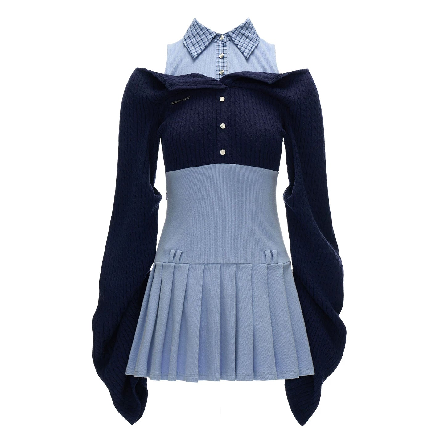 Blue Layered Collar Waist-Cinch Shirt Dress