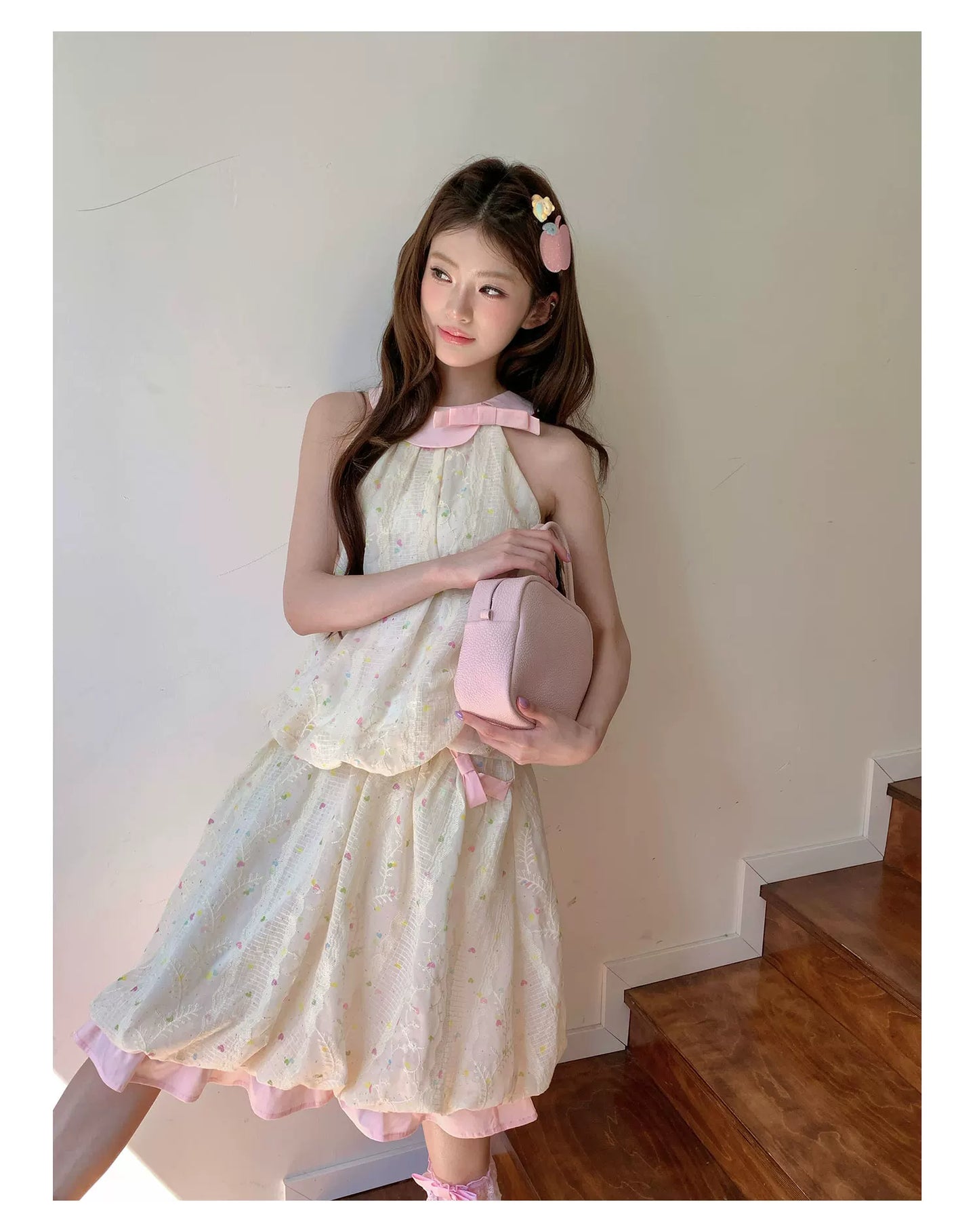 “Peach Cream Brioche” Cream Apricot Floral Bubble Skirt Set