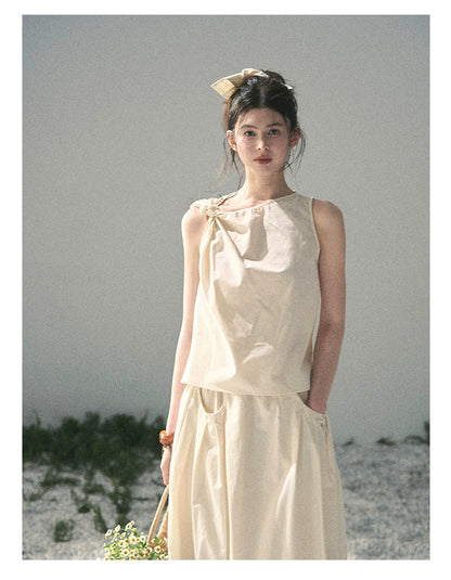 “Ivory Pleated Verse” Soft White Asymmetrical Twist Top & Skirt