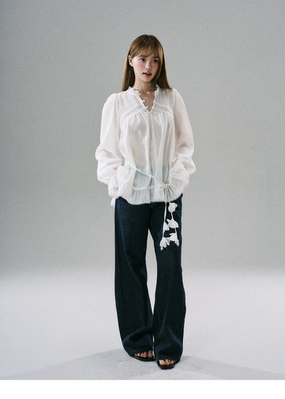 LOST FOREST - Acetate Flower Belt Detail Relaxed Top (White / Blue)