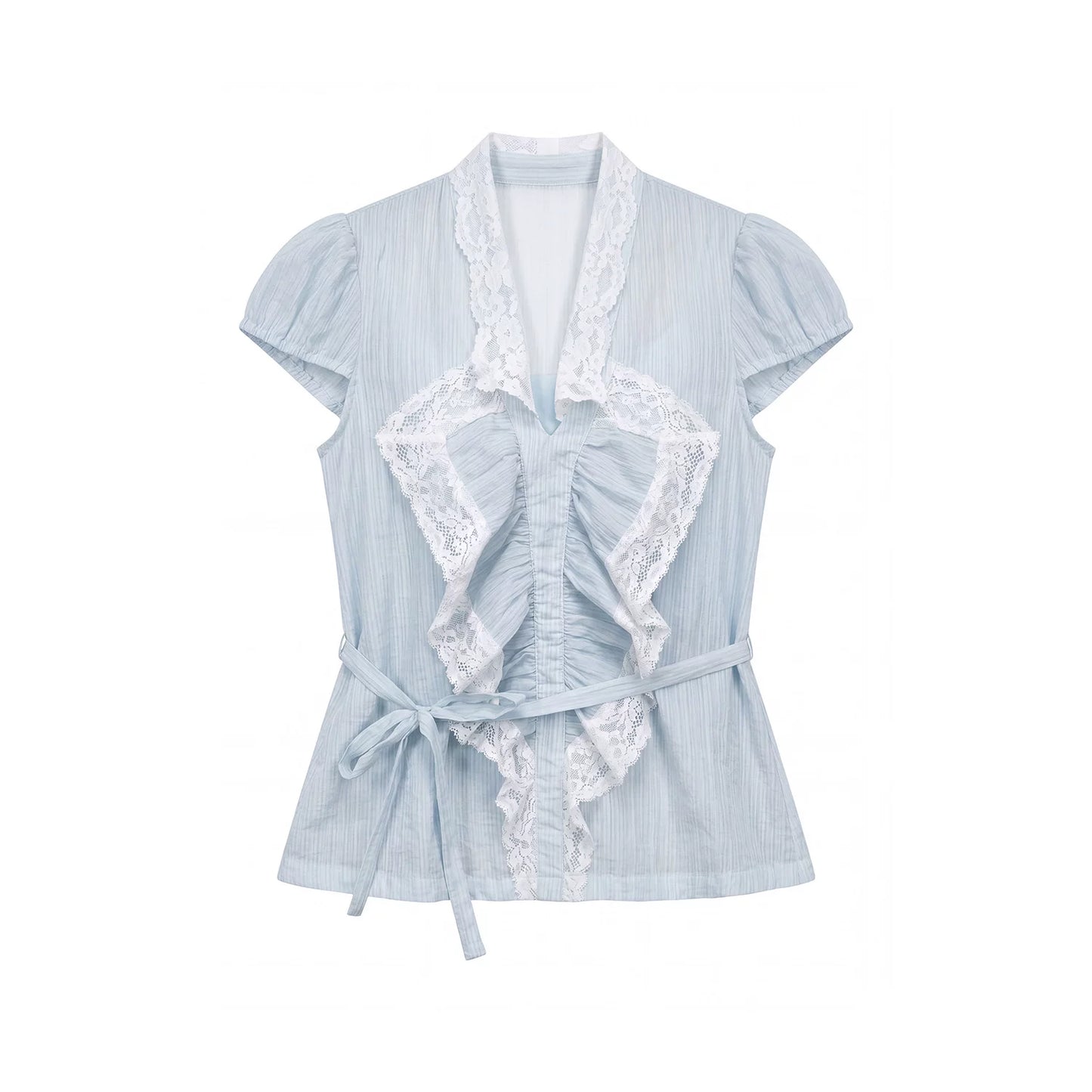 “Blue Breeze Sonata” Blue Ruffle Lace Blouse