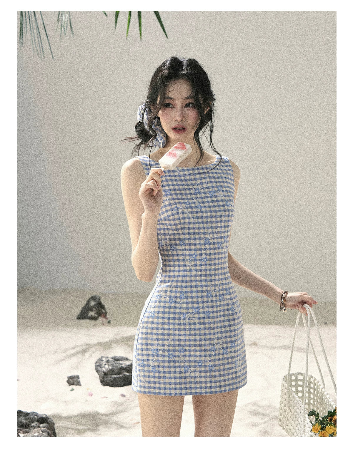 "Sea Breeze Reverie" Sky Blue Embroidered Plaid Mini Dress (With Matching Scrunchie)