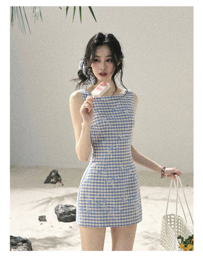 "Sea Breeze Reverie" Sky Blue Embroidered Plaid Mini Dress (With Matching Scrunchie)