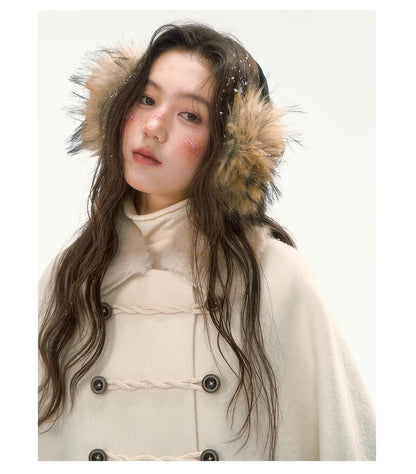CANSTORE - "Pine Reverie" Ivory Wool-Blend Cape Coat with Faux Fur Collar
