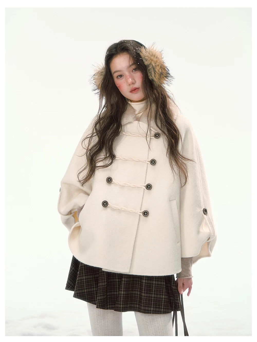 CANSTORE - "Pine Reverie" Ivory Wool-Blend Cape Coat with Faux Fur Collar