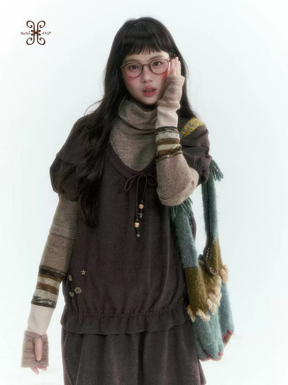 Horridale - Light Brown Colorblock High Cowl Neck Long Sleeve Top