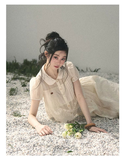 "Apricot Blossom After Rain" Dutch Cheese Lace Blouse & Maxi Skirt Set 532453