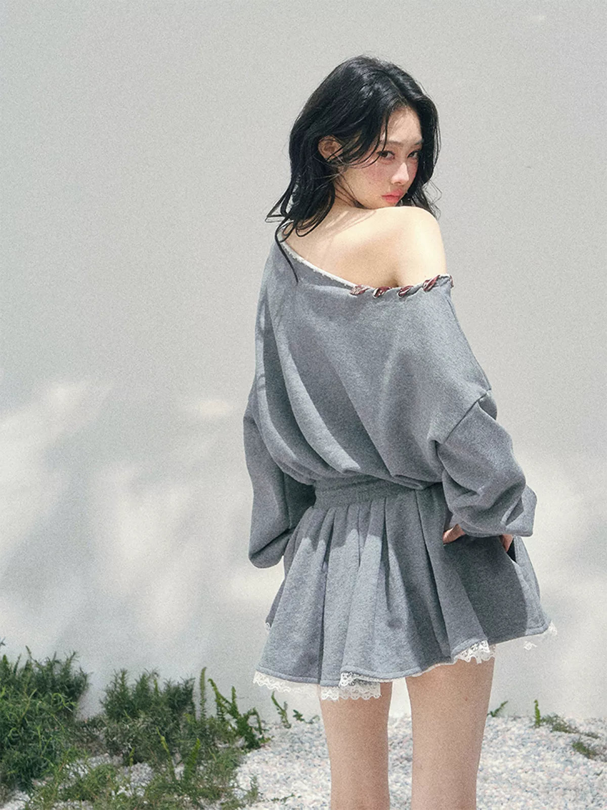 “The Wind Blushes” Lace Trim Off-Shoulder Sweatshirt Dress