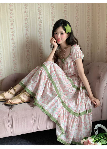 “Wildflower Green Grape” Pink Floral Tiered Dress