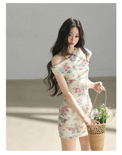 "Flowers & Sunlight" Dutch Cream Off-Shoulder Mesh Bodycon Mini Dress