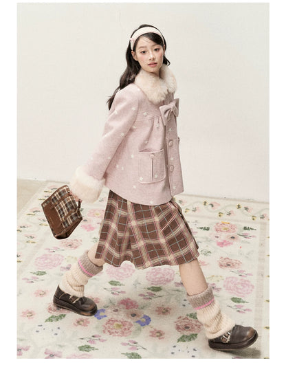 RF - Peach Pink Ombre Faux Fur Collar Wool-Look Jacket with Star Embroidery