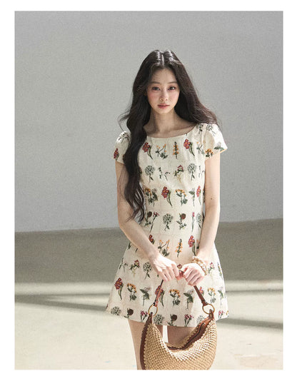 "Wildflower Daydream" Dutch Cream Embroidered Mini Dress - Short Sleeve 45684