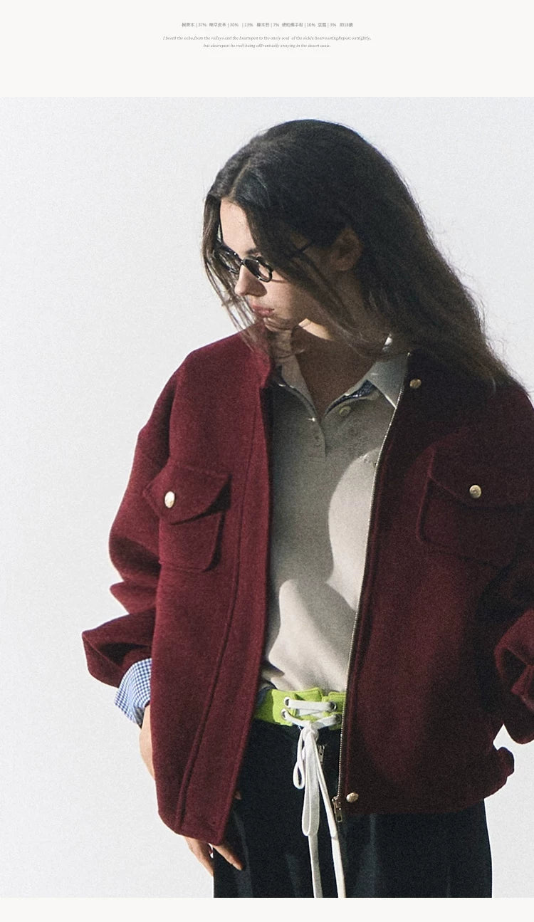 OAKMOO/ "Plum Blossom Mood" Angora Red Wool-Blend Harrington Jacket