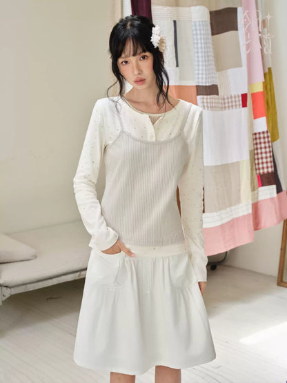 DAILY ARTIST - Cream Polka Dot Layered Henley Lace Top