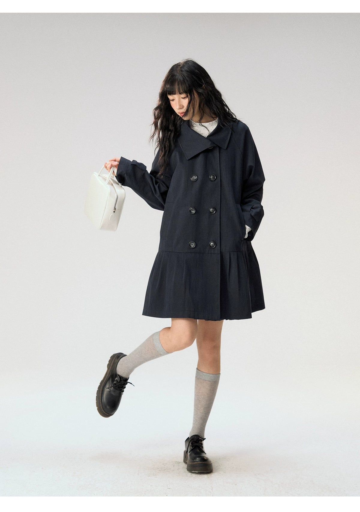 [CAN] "Azure Echoes" Navy Double-Breasted Bow Long Trench Coat