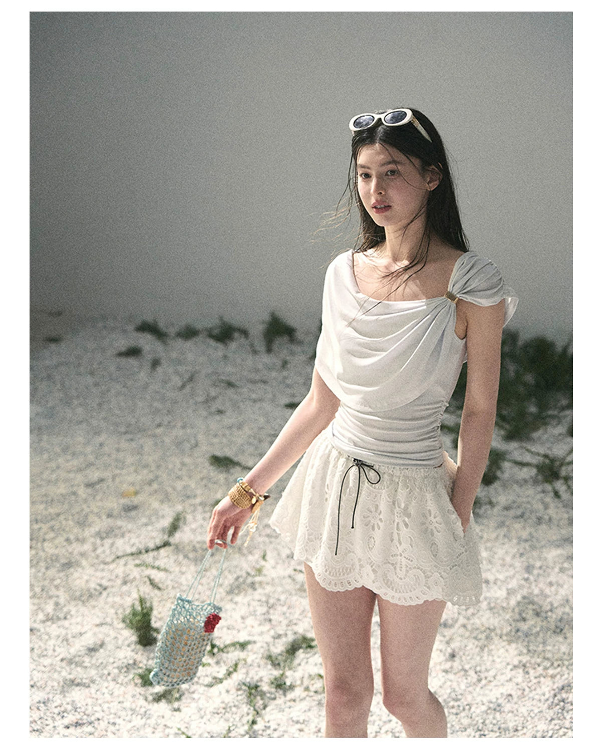 “When the Wind Stole Moonlight” Moonstone Draped Off-Shoulder Top
