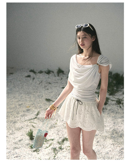“When the Wind Stole Moonlight” Moonstone Draped Off-Shoulder Top