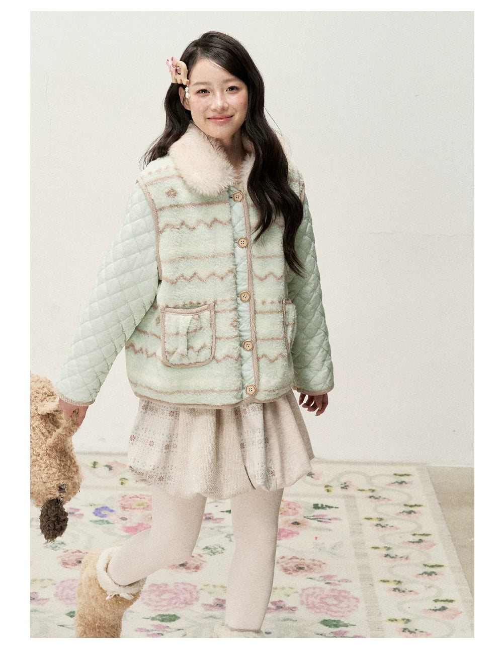 RF - Mint Green and Light Brown Fair Isle Quilted Faux Fur Vest Jacket