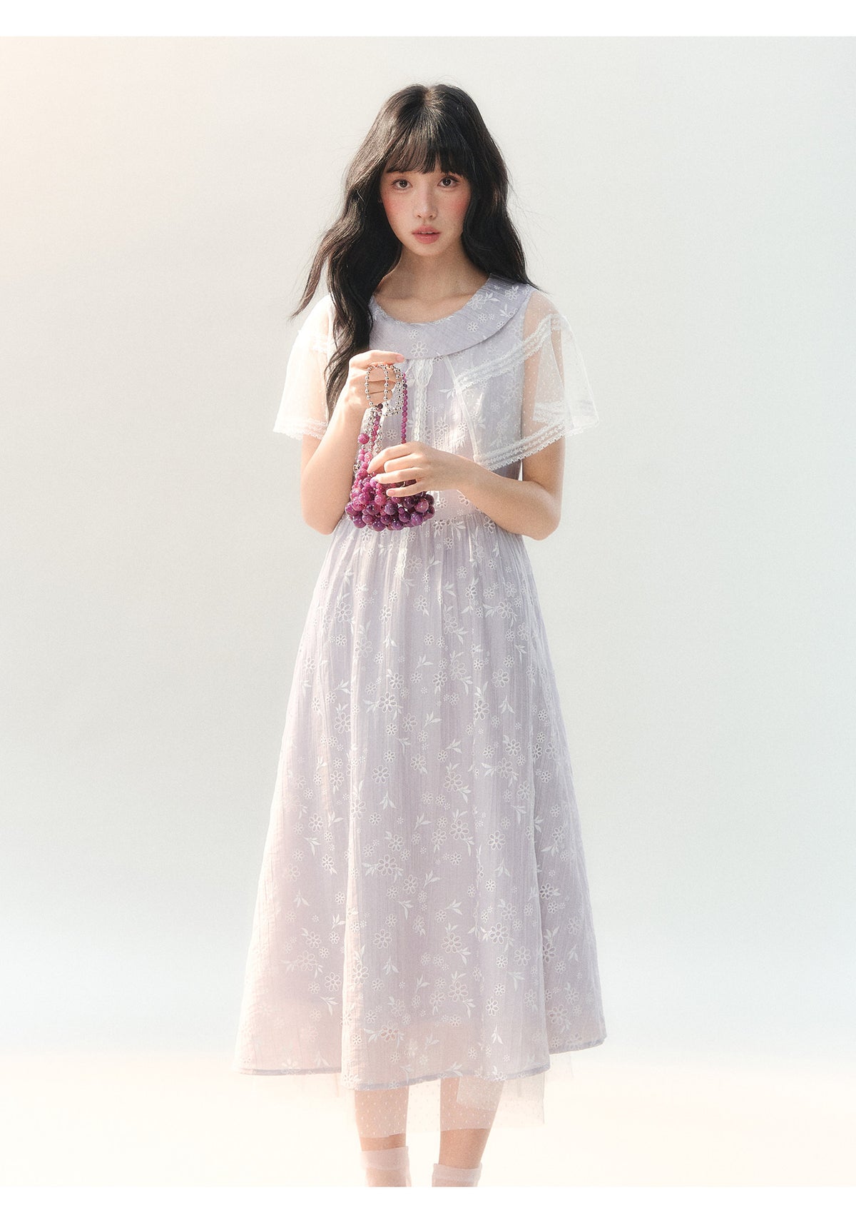 [CAN] "Lavender Bloom Whisper" Purple Floral Cape Tulle Tie-Waist Dress