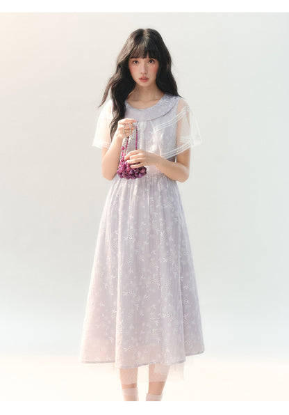 [CAN] "Lavender Bloom Whisper" Purple Floral Cape Tulle Tie-Waist Dress