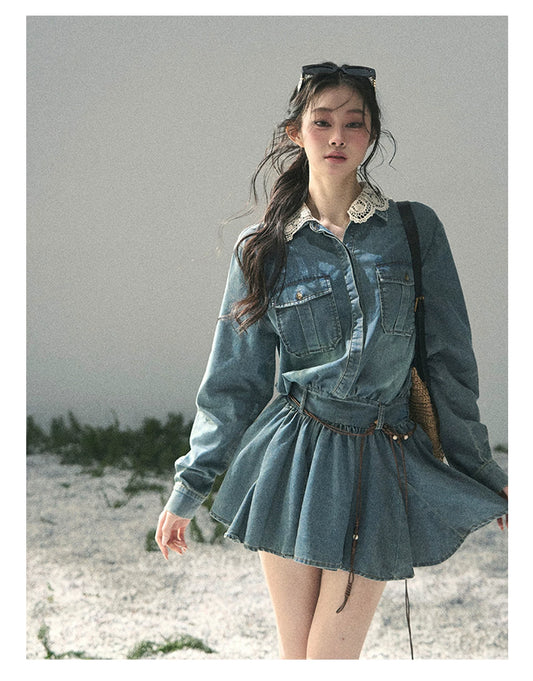 “Falling Into Your Gaze” Vintage Blue Denim Babydoll Dress