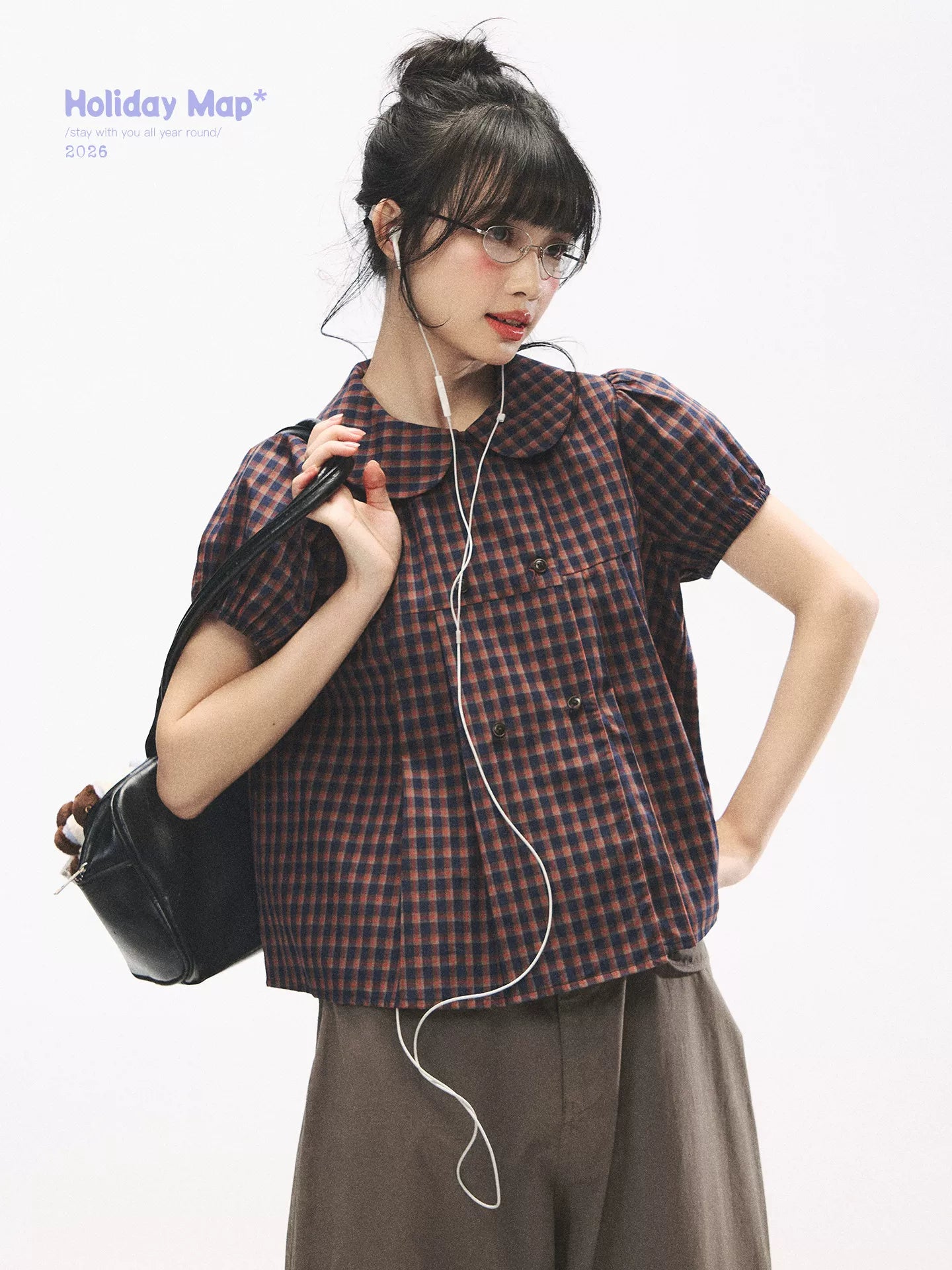 "Retro Plaid Sweetheart" Navy Orange Check Cotton Peter Pan Collar Blouse